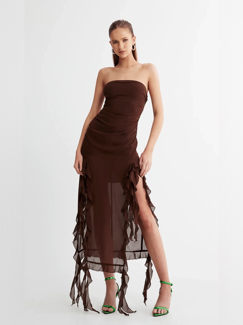 Lioness Strapless Chocolate Brown Ruffled Sheer Maxi Dress